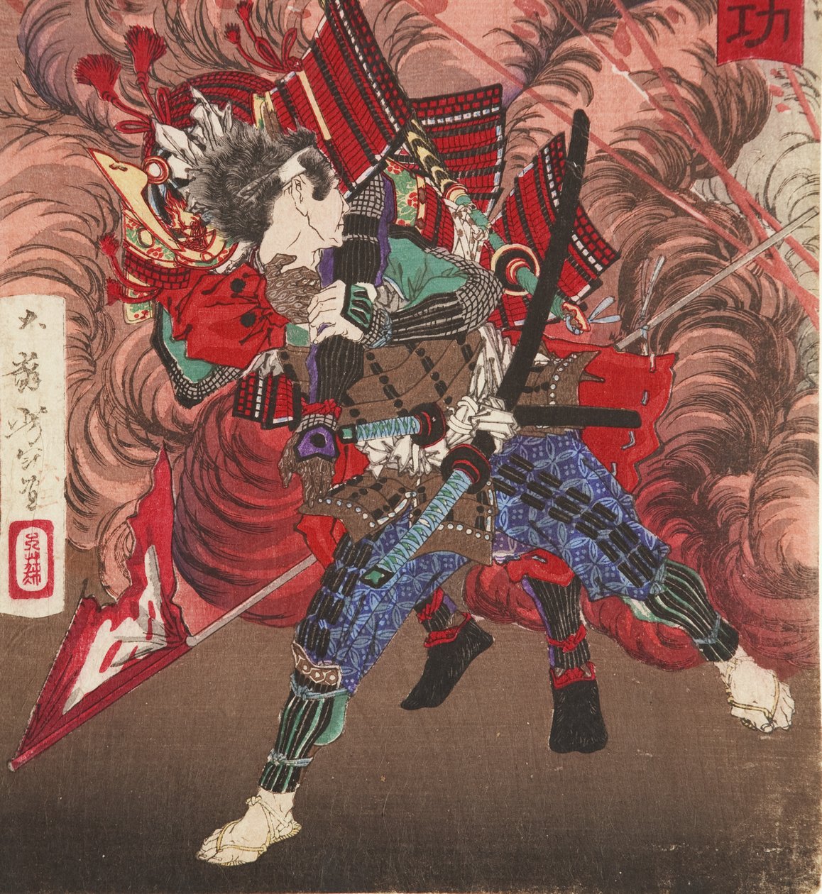 Okubo Hikozaemon, Tokugawa Ieyasu'yu savaş alanında kurtarırken, 1881 (tahta blok) by Tsukioka Yoshitoshi