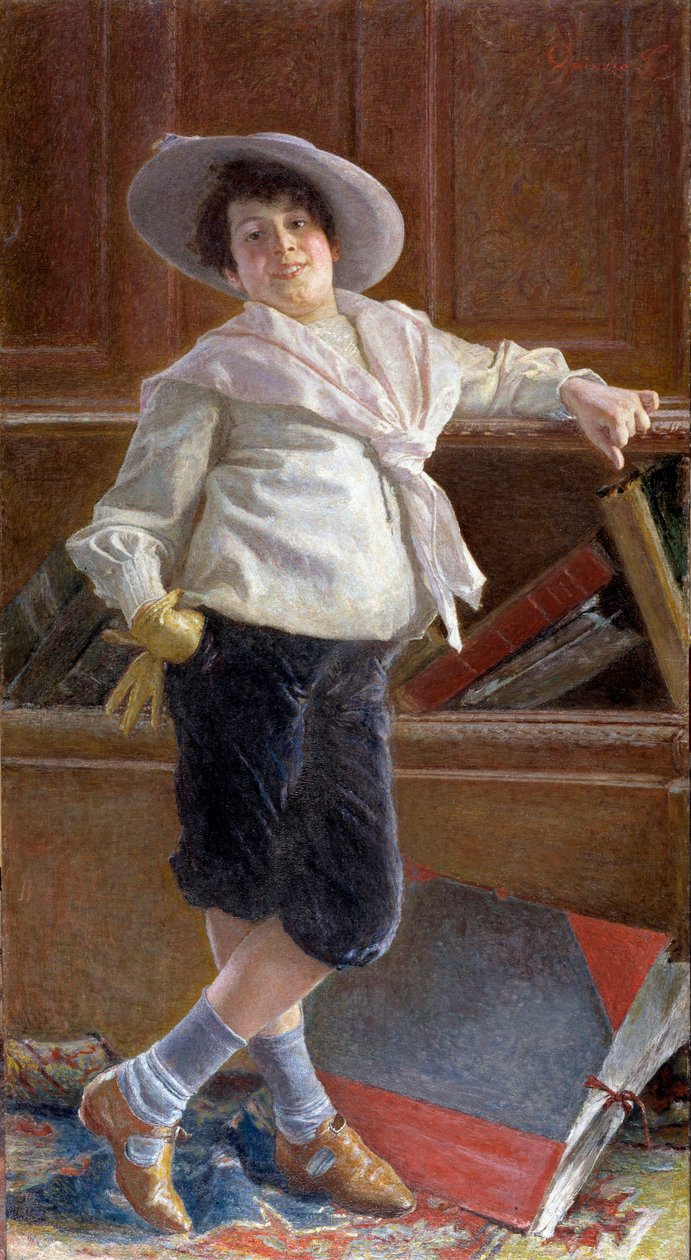 Denizci önlüğü giymiş, gülen küçük bir çocuğun portresi Boyama Tullio Salvatore Quinzio (1858-1918) Soluk 80x100 cm Genes, Galleria d