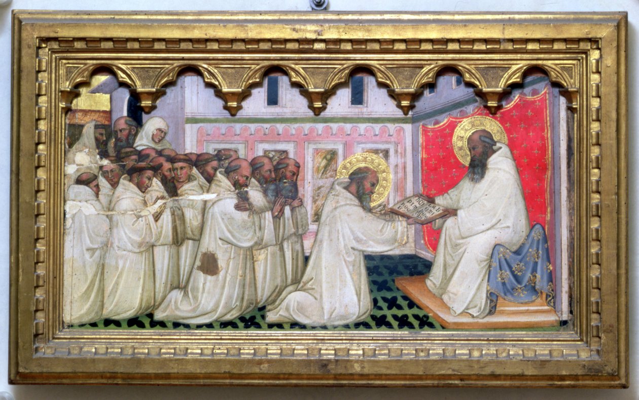 Aziz Benedict, Yeni Düzenin Hükümdarlığını Monte Cassino Rahiplerine devretti (panelde tempera) by Turino Vanni