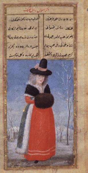 Fazıl Hüseyin Andaruni tarafından kış kostümlü Hollandalı bir kadın, Or 7094 f.44, 18. yüzyıl sonu by Turkish School