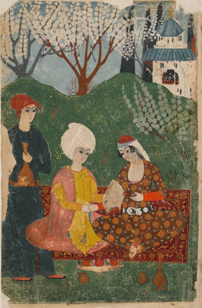 Tanımlanamayan bir metinden folio; recto: Halı Üzerinde Oturan Prens ve Prenses, İstanbul, c.1700-25 (kağıt üzerine opak suluboya, mürekkep ve altın) by Turkish School