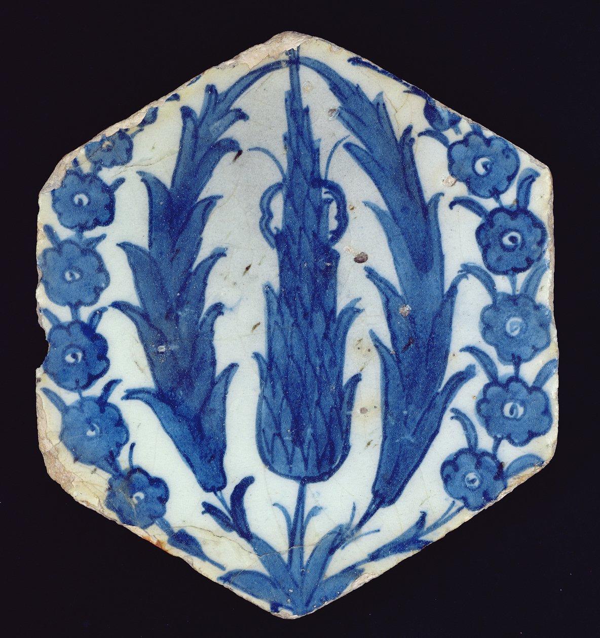 Altıgen İsnik çini, selvi ve budaklı, 1560-70 (renkli sırlı toprak kap) by Turkish School