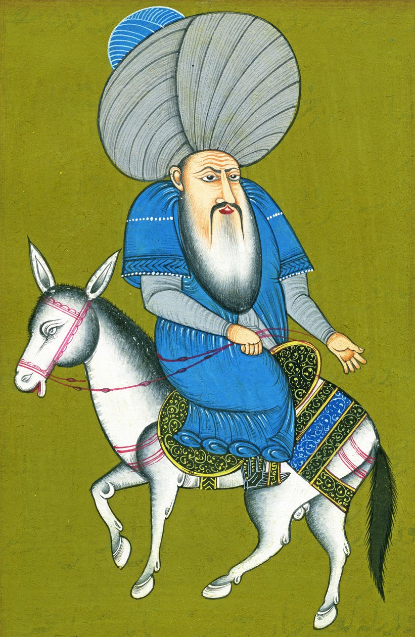 Nasreddin Hoca atını geriye doğru sürüyor (kağıt üzerine suluboya) by Turkish School
