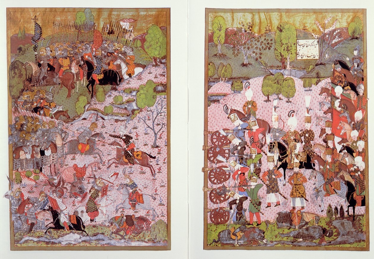 Türkler ve Macarlar arasında Mohaç Savaşı, 1526, İstanbul'daki Topkapı Müzesi'nde muhafaza edilen bir minyatürün tıpkıbasımı by Turkish School
