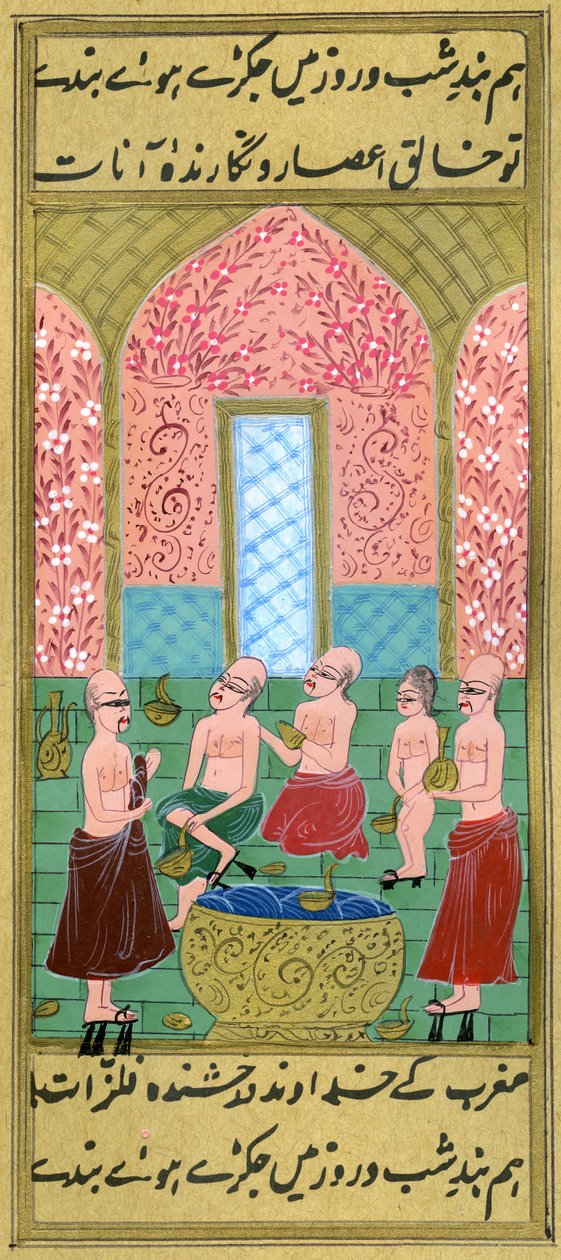 Erkekler Hamamı içini görüntüleyin (kağıt üzerine suluboya ve altın tozu) by Turkish School