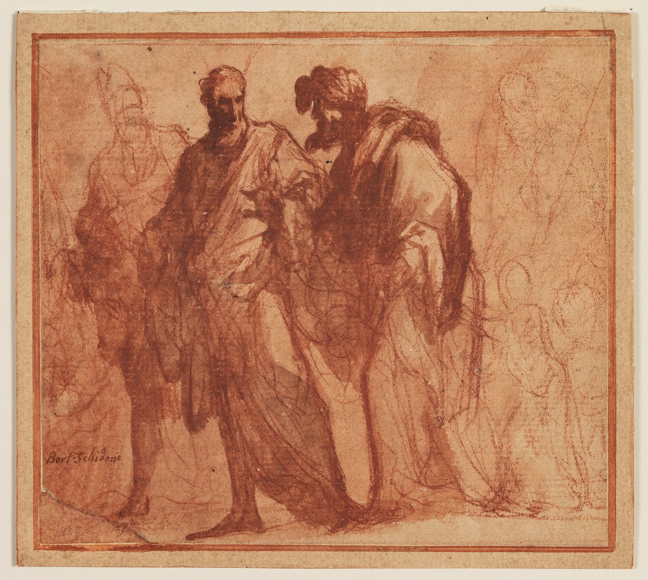Dört yürüyen adam, muhtemelen Musa ve putti by Ubekendt