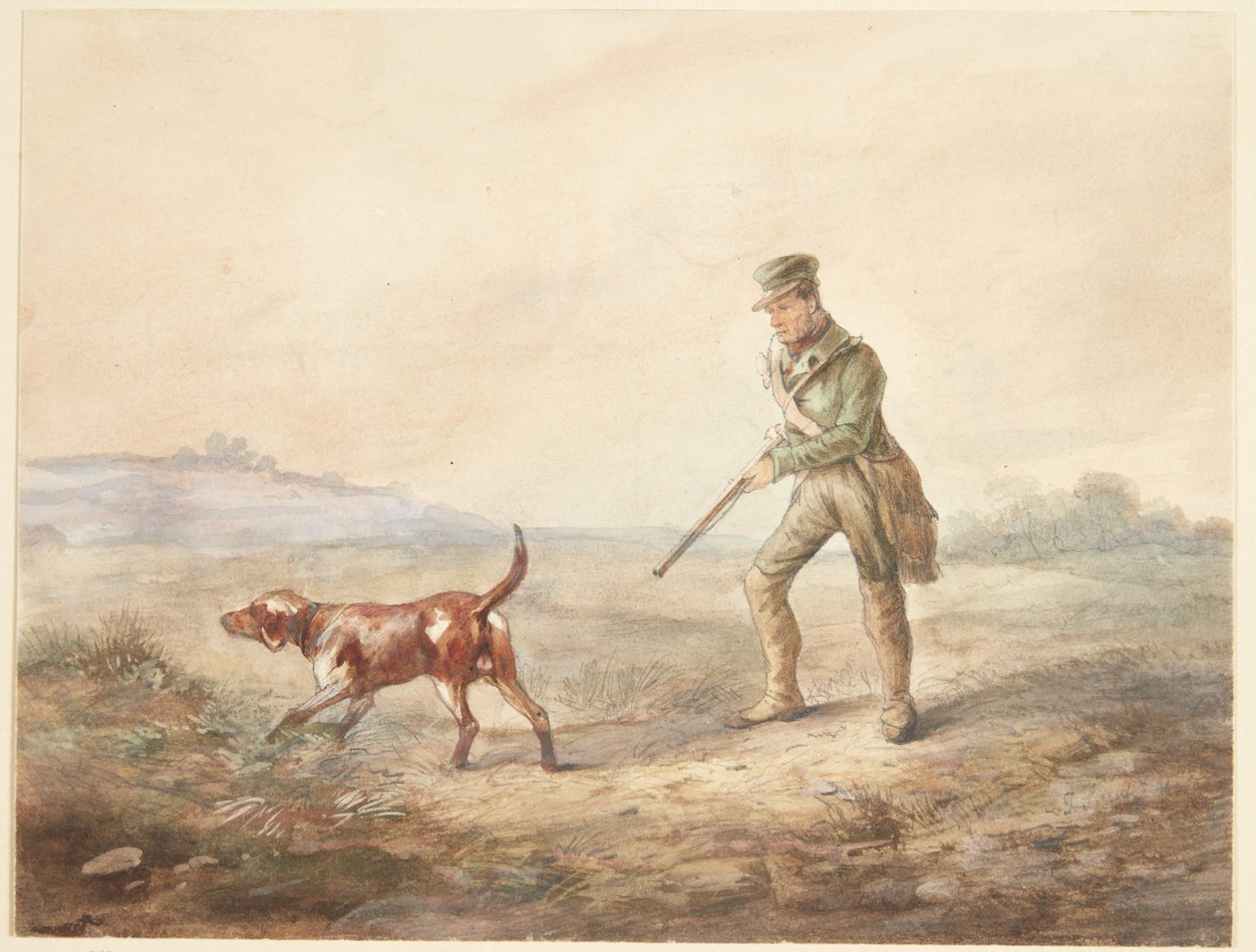 Bir avcı ve köpeğiyle manzara by Ubekendt
