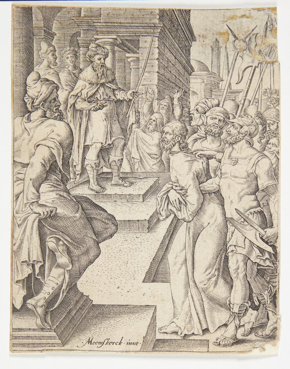 pilatus öncesi İsa by Ubekendt efter Dirck Volckertsz. Coornhert efter Maarten van Heemskerck
