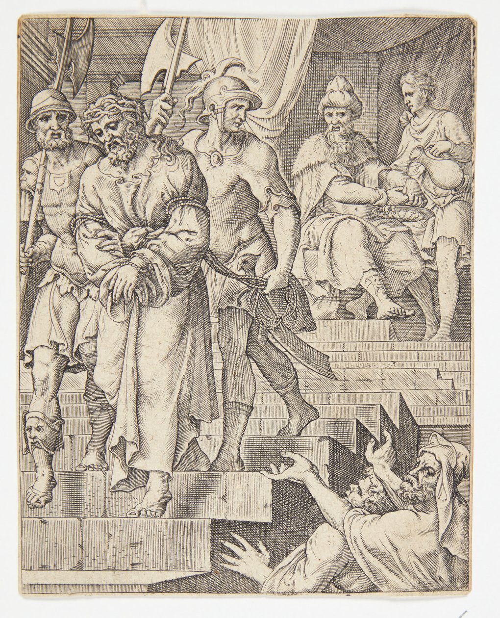 Pilatus ellerini yıkıyor by Ubekendt efter Dirck Volckertsz. Coornhert efter Maarten van Heemskerck