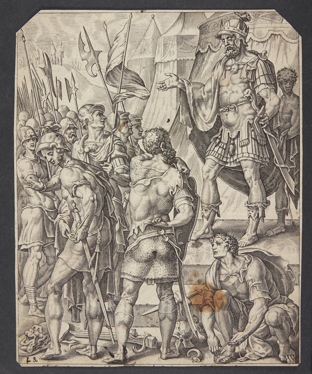David adamlarını silahlandırıyor by Ubekendt efter Maarten van Heemskerck