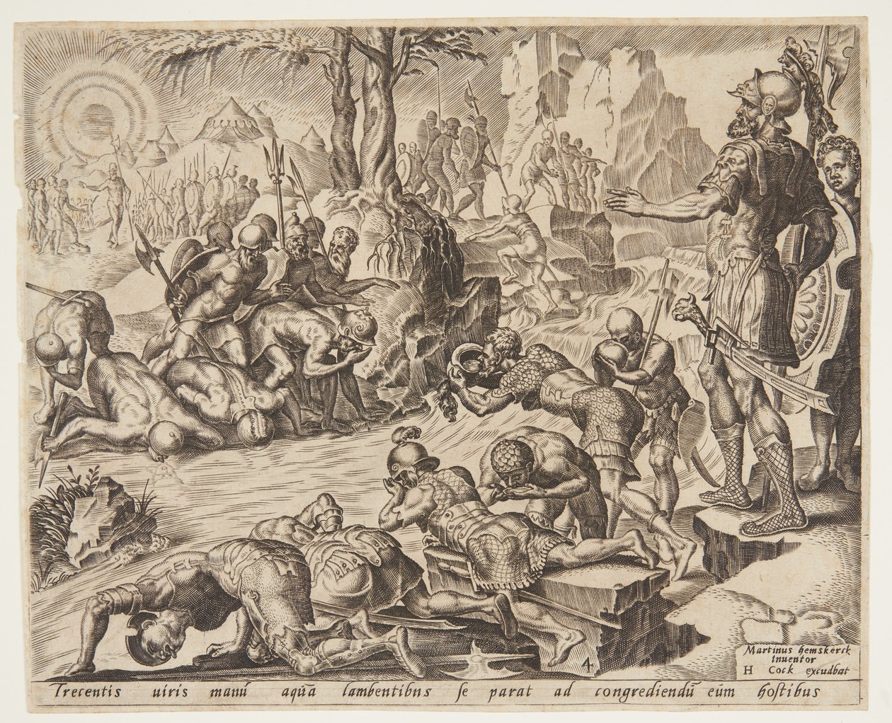 Gideon, askerlerin içme şeklini izliyor by Ubekendt efter Maarten van Heemskerck