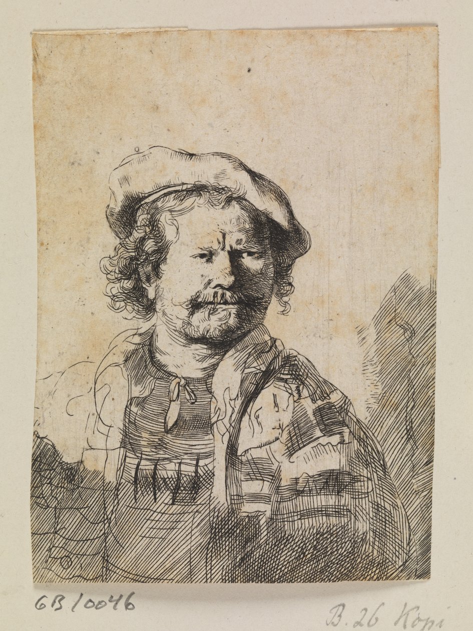 Düz şapkalı ve işlemeli elbiseli Rembrandt by Ubekendt efter Rembrandt