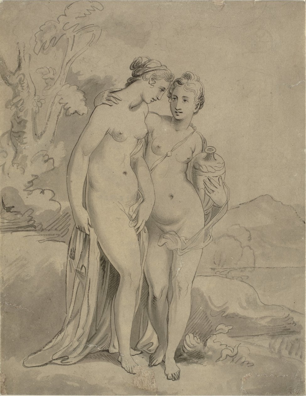 Bir manzarada iki peri by Ubekendt engelsk kunstner 1820