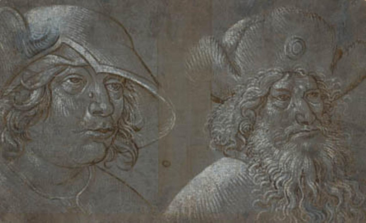 Sağda üç çeyrek profilde iki erkek kafası, ikisi de çarpıcı şapkalar giyiyor. by Ubekendt tysk nederlandsk ca. 1500