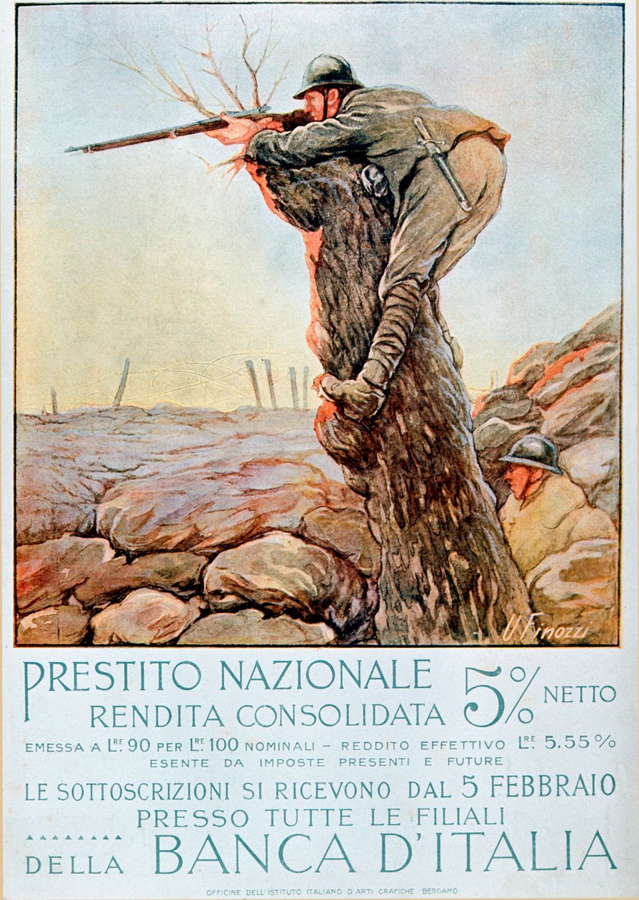 First World War: Italian poster encouraging national borrowing. Illustration by Ugo Finozzi (20th century). 1914-1918 Attention! The use of this work may be subject to a request for authorization to a third party or to the payment of additional fees by Ugo Finozzi