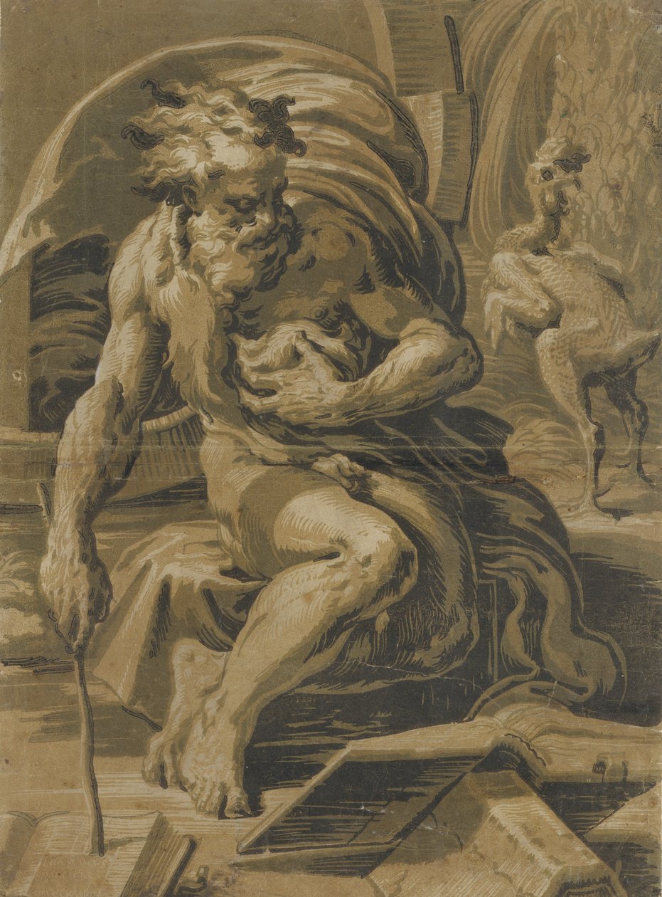 Diogenes, fıçısının önünde oturmuş, bir kitaptan okuyor, tüyleri yolunmuş bir tavuk ayakta duruyor beh..., yakl. 1527-30. by Ugo da Carpi