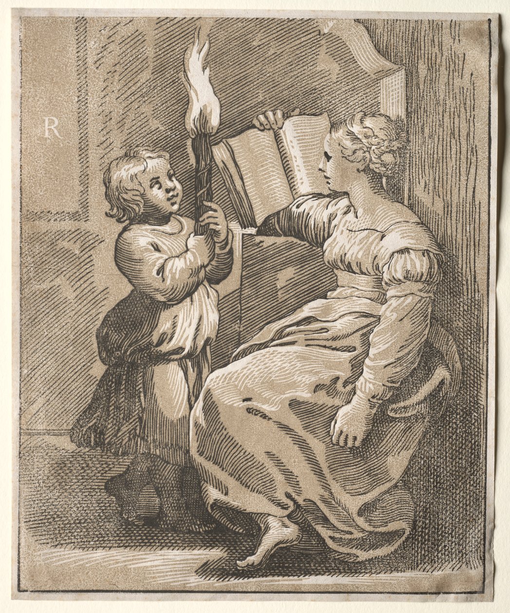 Sibyl Elinde Meşale Tutan Bir Çocukla Okumak, 1518-27. by Ugo da Carpi