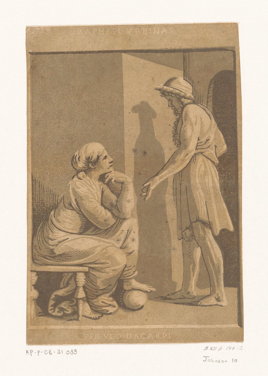 Ayakta duran adam ve oturan kadın Sanatçı Raphael ve metresi by Ugo da Carpi