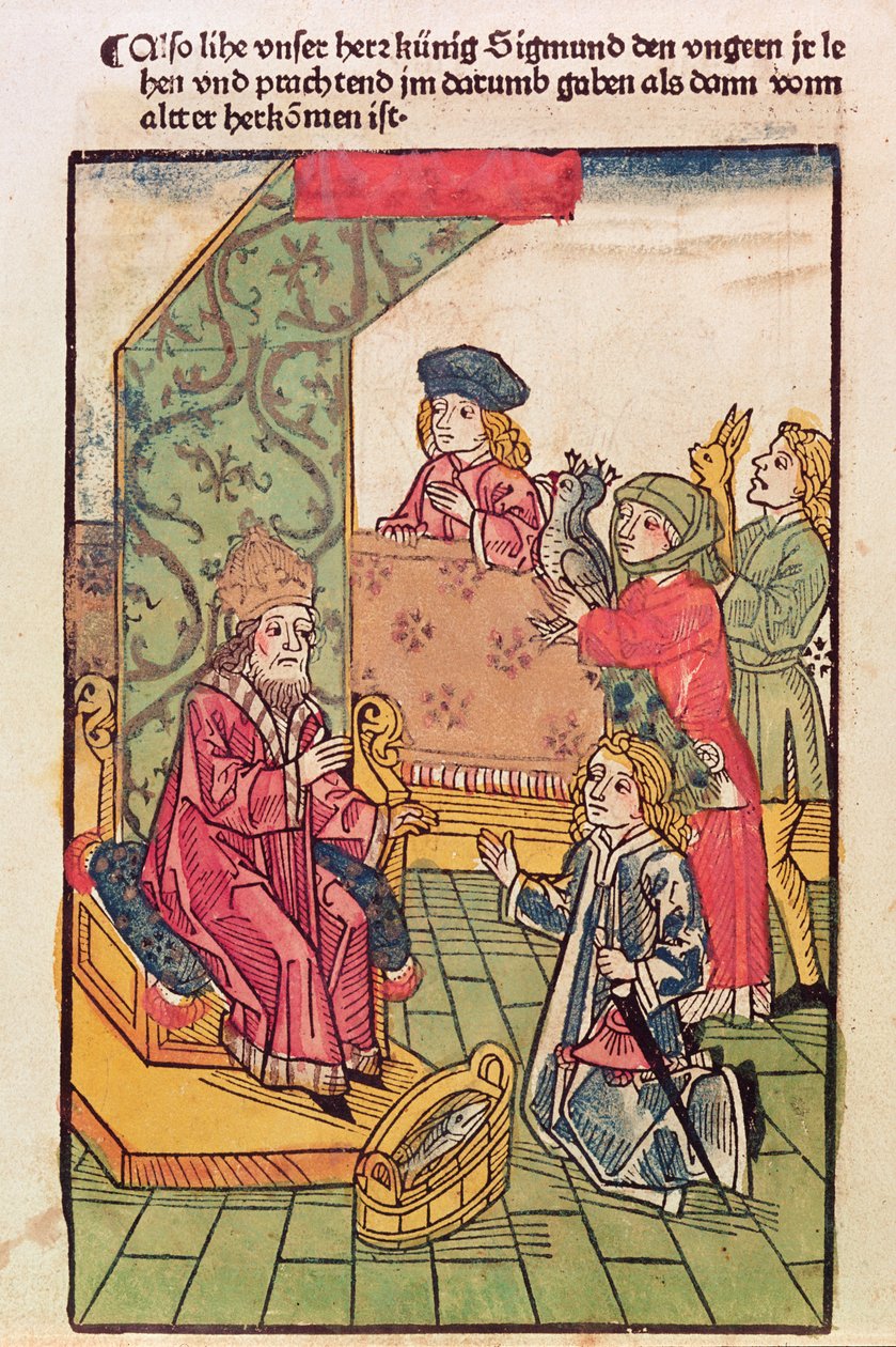 Lüksemburg İmparatoru Sigismund (1367-1437) Macar tebaasının saygısını alıyor, 1483, (renkli gravür) (ayrıca bkz. 316982) by Ulrich von Richental