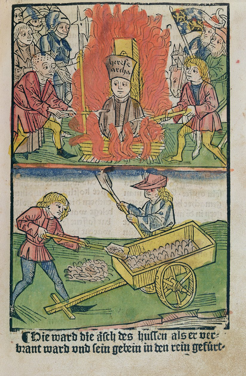 Jan Hus, 1483'te yayınlanan 'Constance Konseyi Tarihi'nden, Constance Konseyi'nde kazıkta yakıldı. by Ulrich von Richental