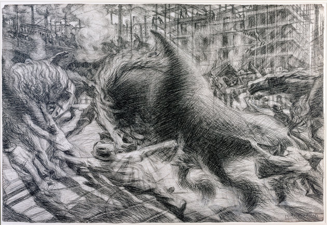 Fütürizm: “” La citta che kirli”” (Yükselen şehir). Umberto Boccioni