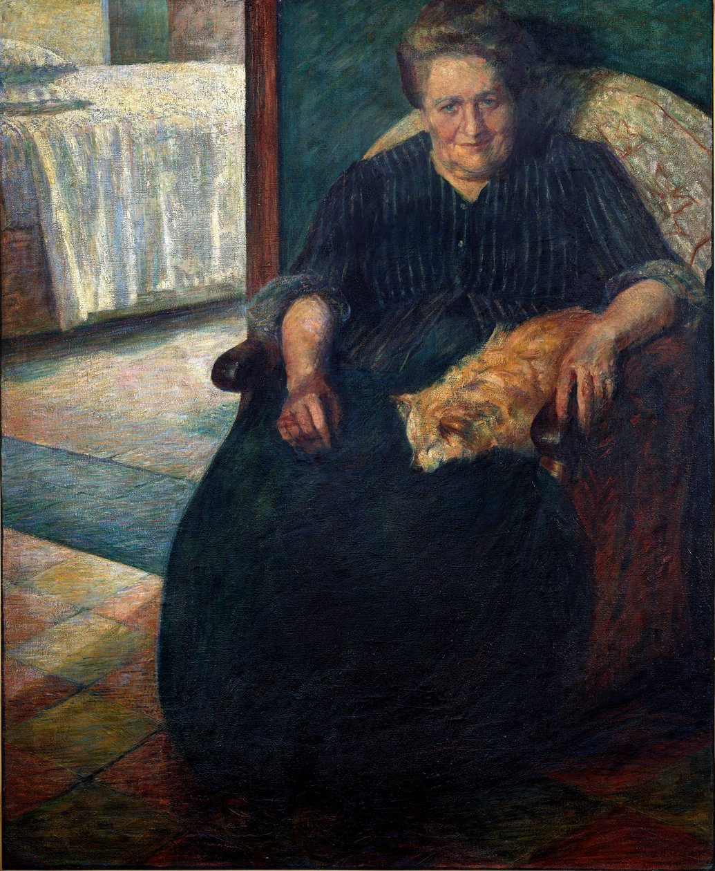 Madame Virginie (La signora Virginia) Kedisi dizlerinin üzerinde oturan şişman bir kadının portresi. Umberto Boccioni