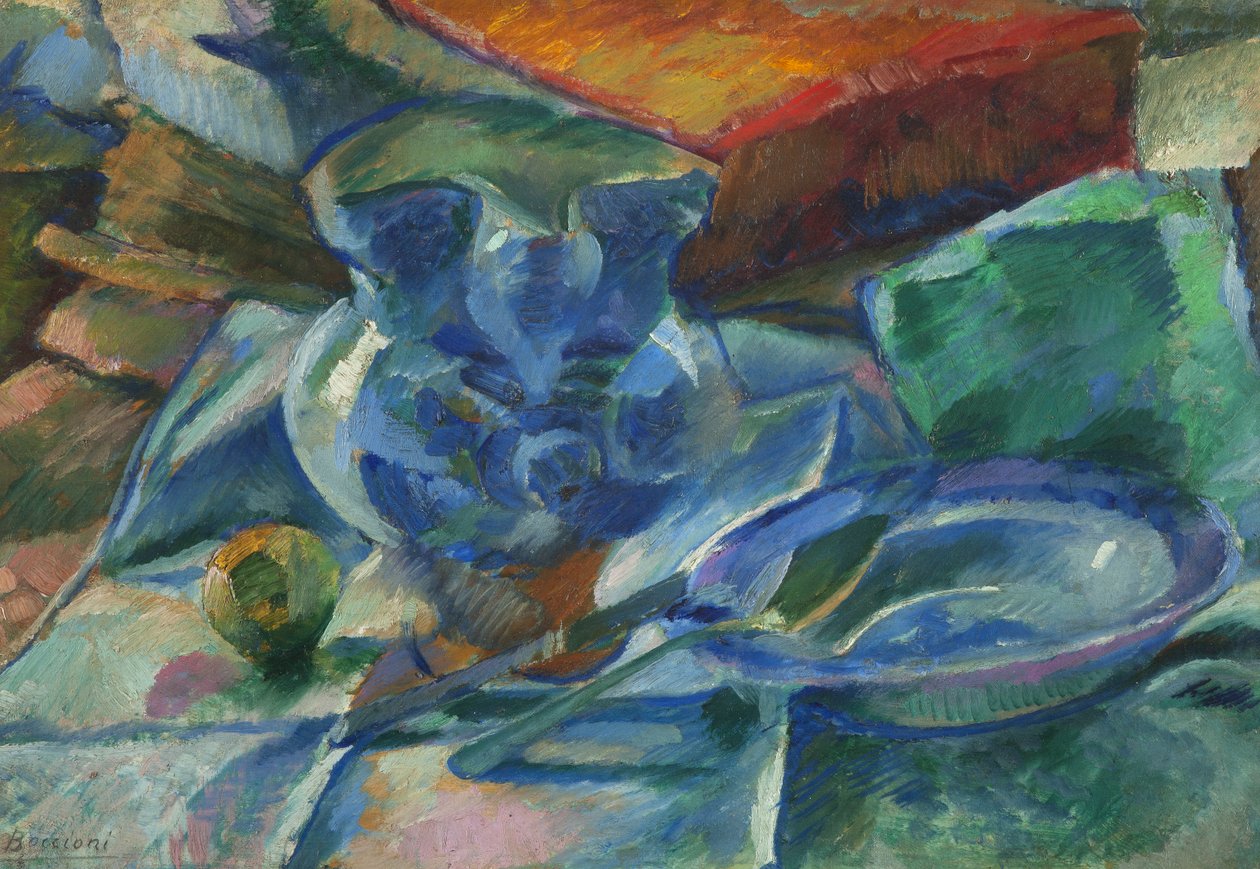 Çanak çömlek, çatal bıçak takımı ve meyveden oluşan natürmort, 1915 by Umberto Boccioni