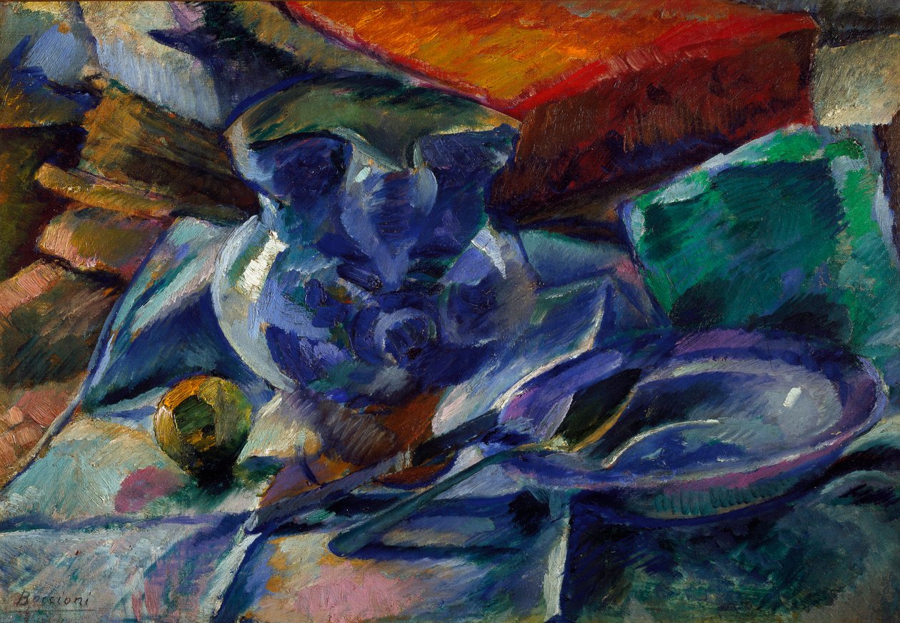 Sürahi, Kase ve Çatal Bıçaklı Natürmort Tablo Umberto Boccioni (1882-1916) 1916 Dim. 35x50 cm Milano, Civico Museo d