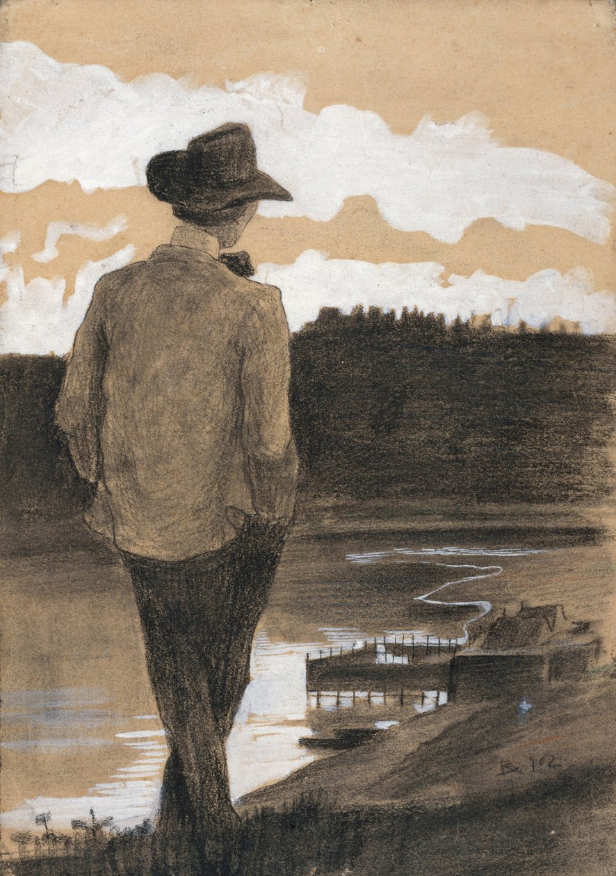 Nehir kıyısındaki genç adam, 1902 (kağıt üzerine guaj, karakalem ve pastel) by Umberto Boccioni