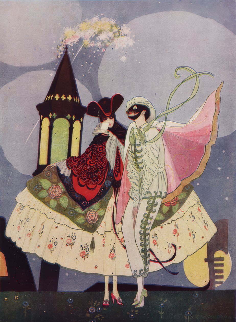 Carnevale fabrikasında iki Venedik maskesi ve bir gondol by Umberto Brunelleschi