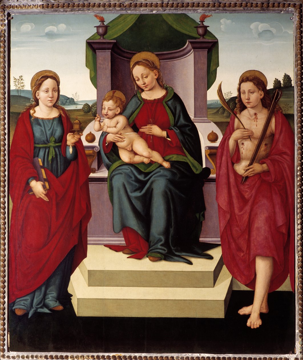 Madonna, St Magdalene ve Sebastian arasındaki tahtta (tuval üzerine yağlı boya by Umbrian School