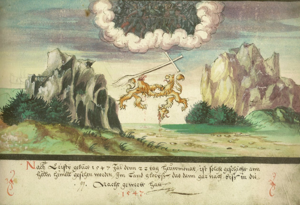 Augsburger Wunderzeichenbuch - Folio 157- Heavenly Battle, Glarus Üzerinde Aslanlar by Unbekannt Unbekannt