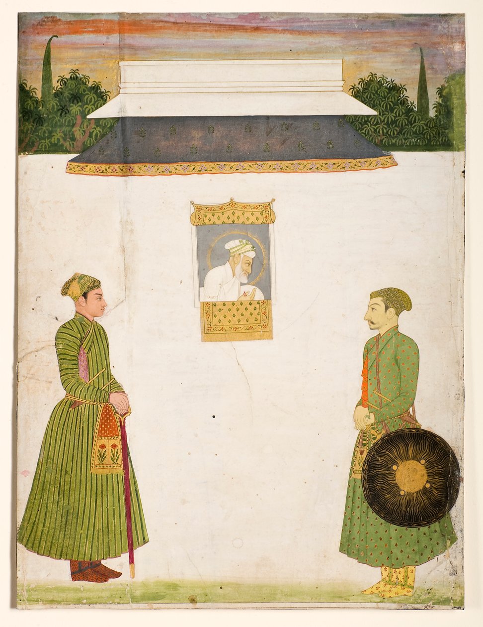 Bir jharokha penceresinde İmparator Aurangzeb, ön planda iki asilzade by Unbekannt Unbekannt