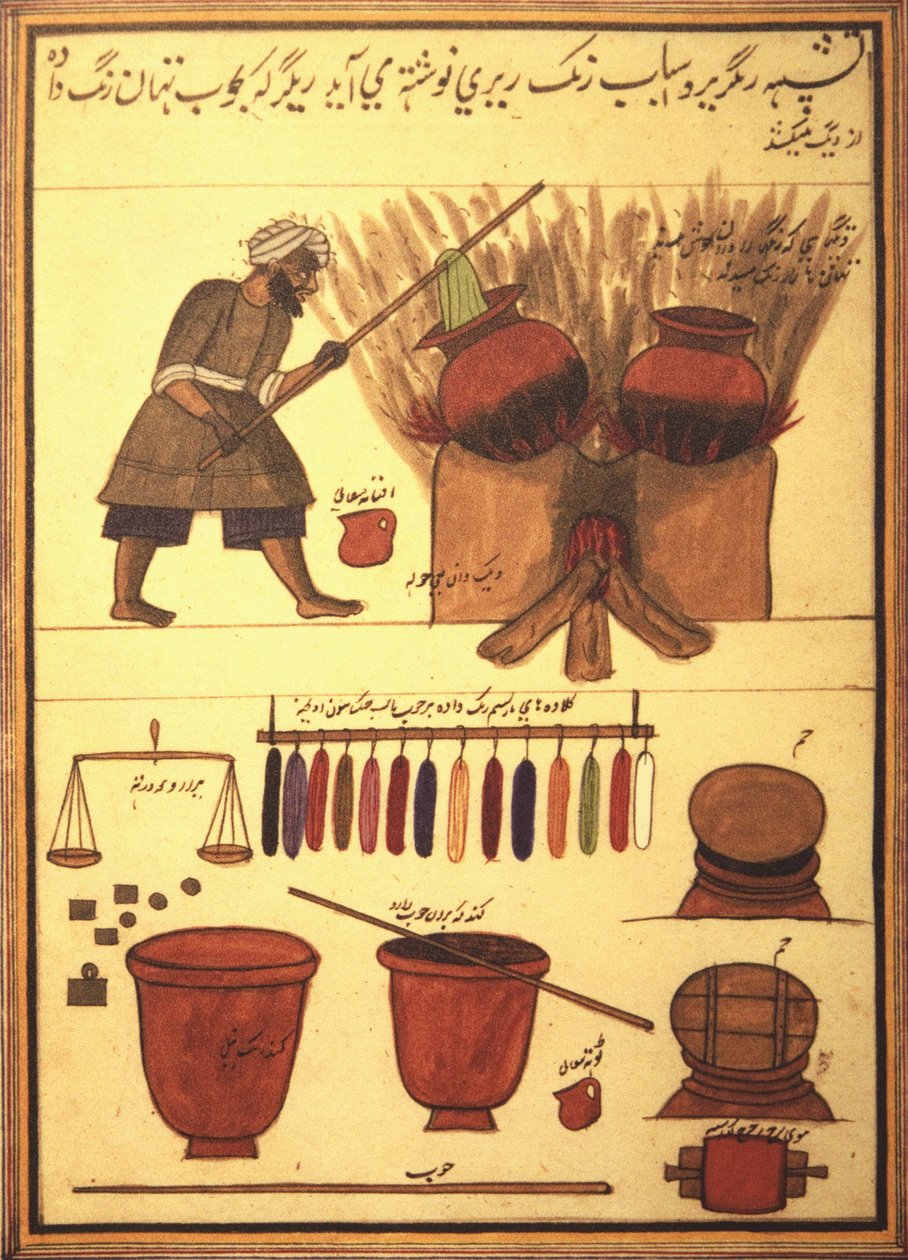 Bir Arap boyacı kumaş boyama ve ticaretinin aletleri (parşömen üzerine mürekkep) by Unbekannt Unbekannt