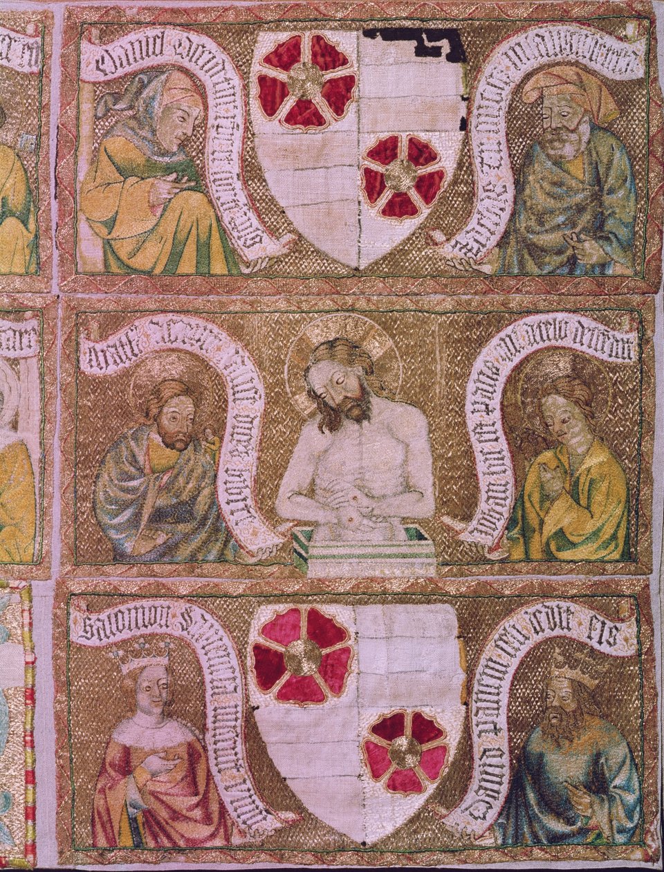 Aziz Matta ve Aziz John ile Eski Ahit Peygamberleri ve Kralları ile Kederlerin Adamı olarak Mesih, Trebon sunağı cephesinden detay, Bohemya, c.1370-1380 (dökümlü altın arka plan üzerinde ipek bölünmüş dikiş) by Unbekannt Unbekannt