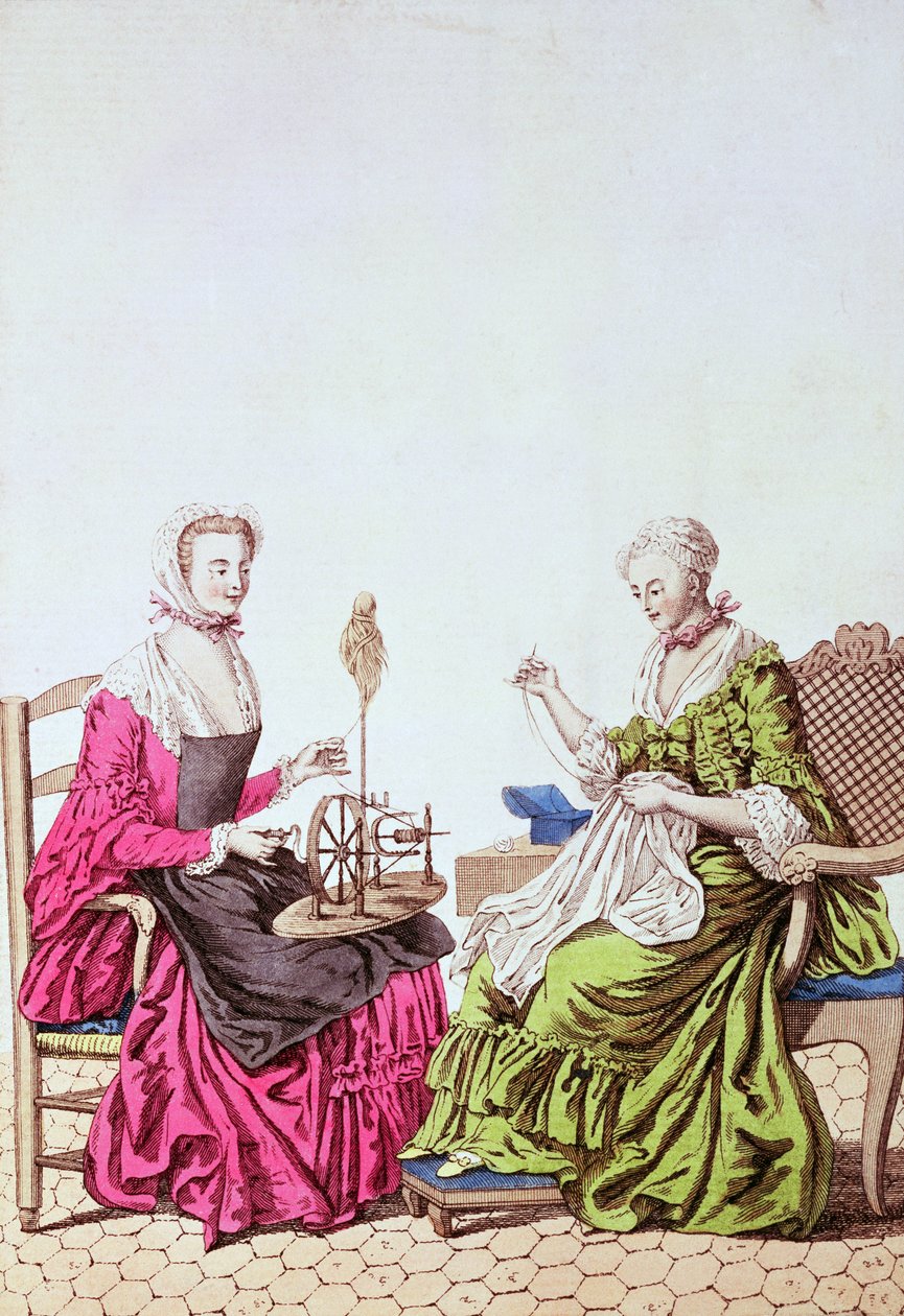 İplikçilik ve dikim yapan bayanlar, c.1765 (renkli gravür) by Unbekannt Unbekannt