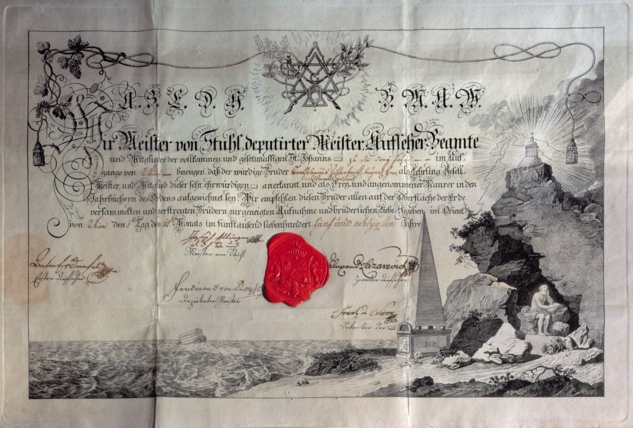 Masonik sertifika, 1785 (bakır levha oyma ve mühür) by Unbekannt Unbekannt