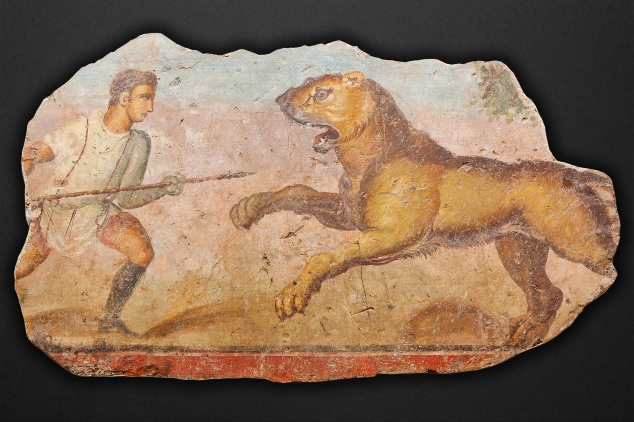 Amfitiyatrodan resim. aslan ile avcı by Unbekannt Unbekannt
