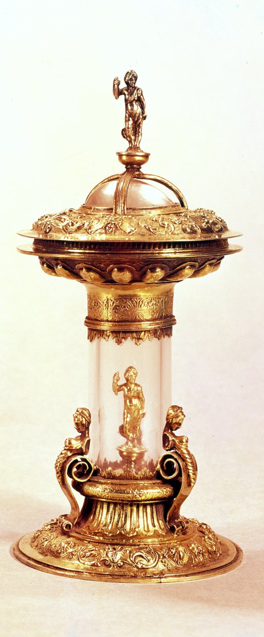 Ayakta duran tuz, gümüş yaldızlı tabanlı, ağız kenarlı ve kapaklı kaya kristali, 1549 by Unbekannt Unbekannt