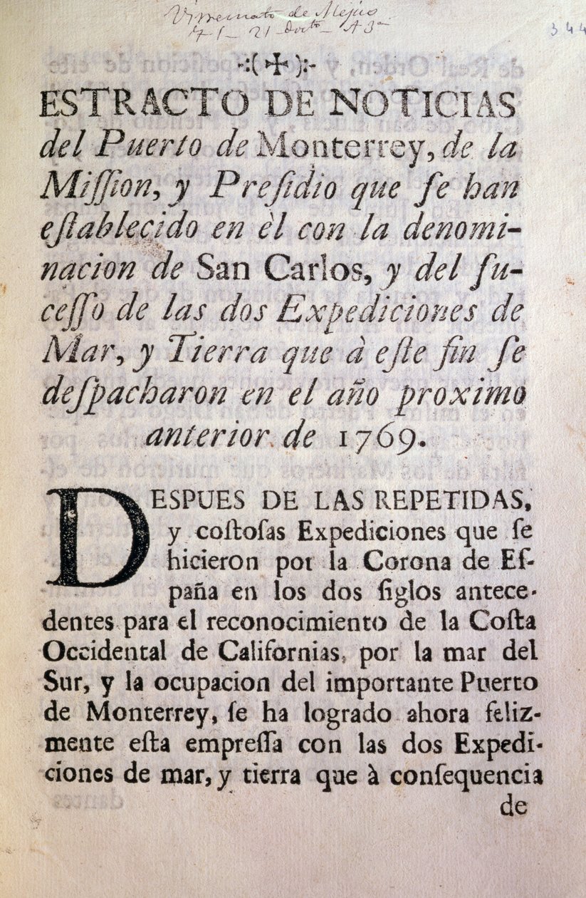 The first page of the official account of the Portola Expedition of 1769-70 (printed paper) by Unbekannt Unbekannt