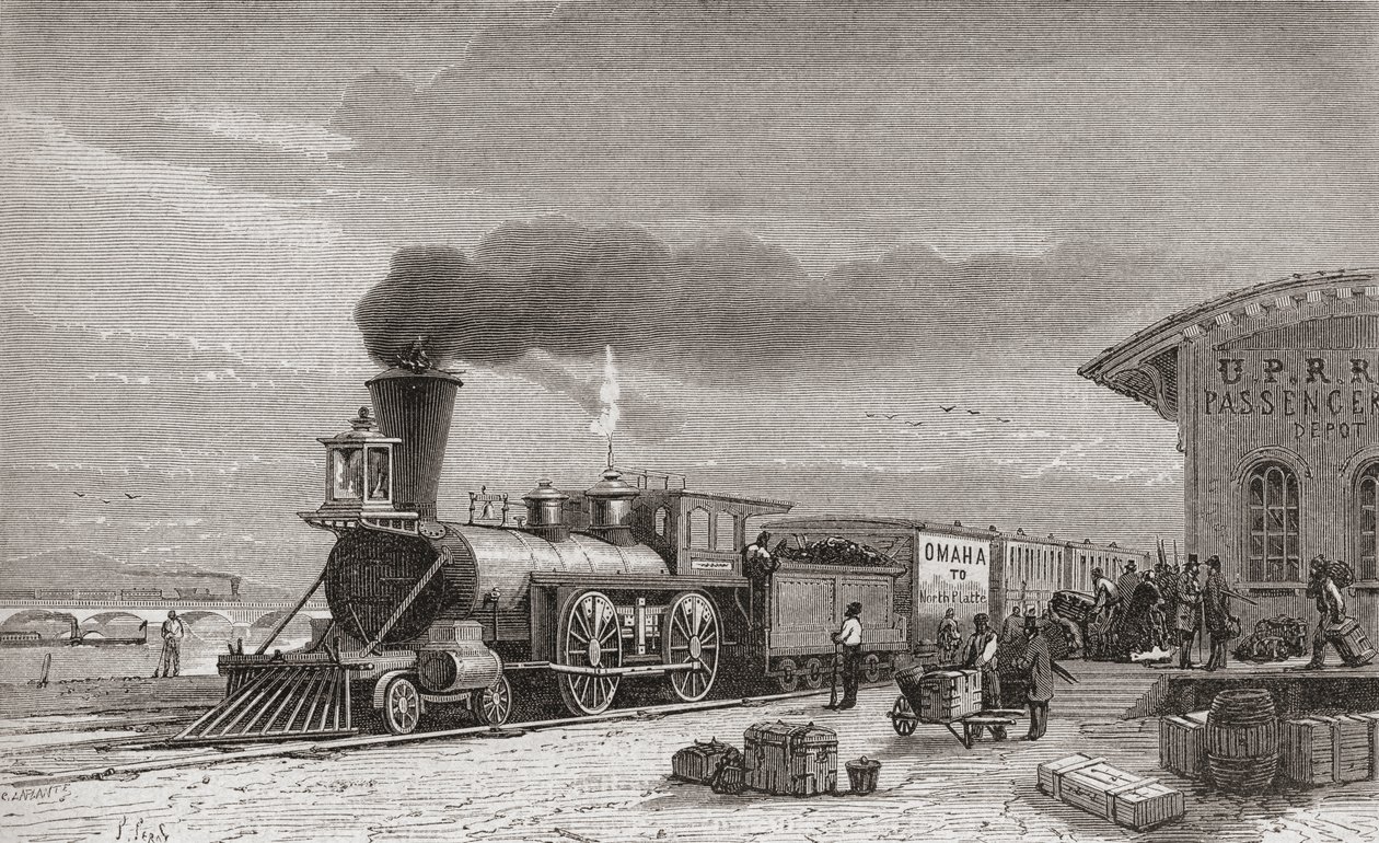 The railway station at Omaha, Nebraska, starting point of the Pacific Railroad, as it was in 1867, illustration from 