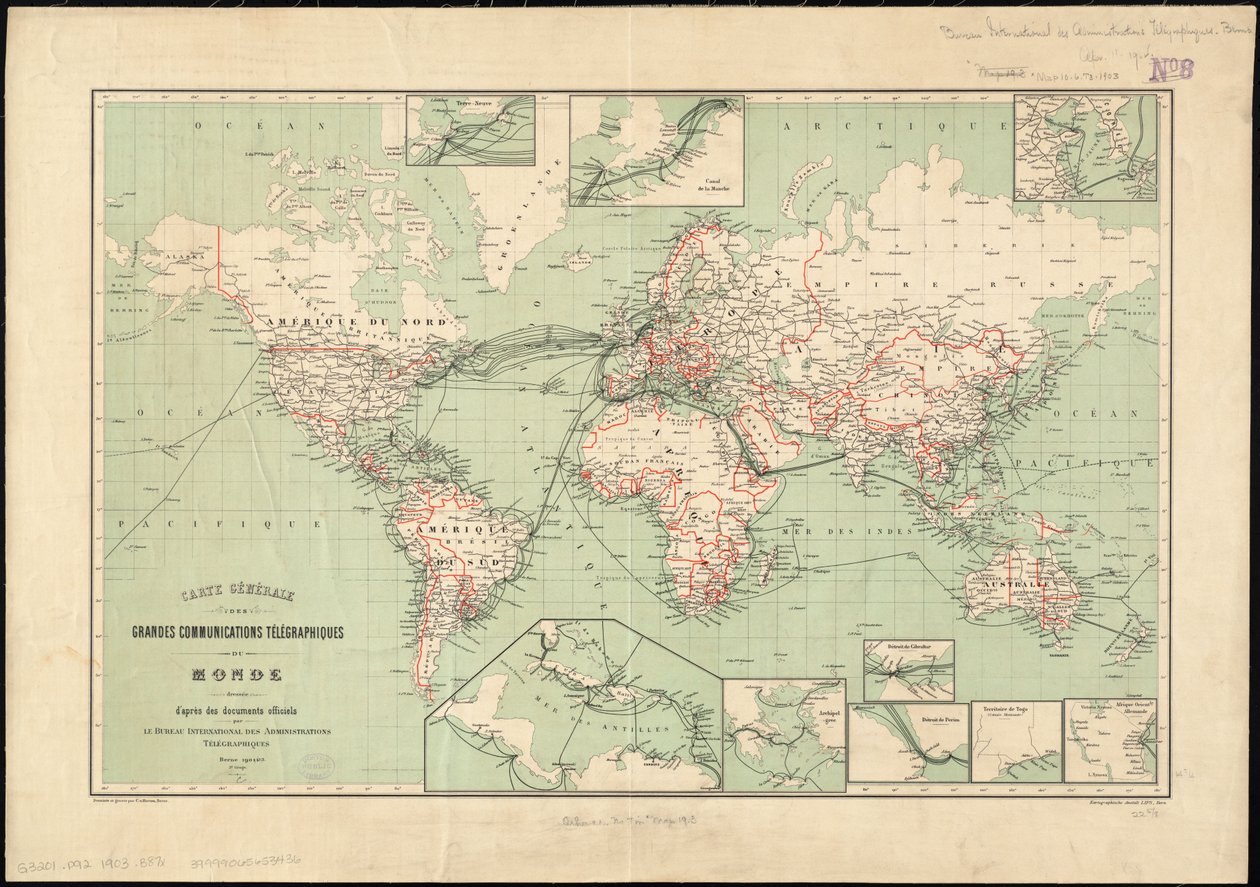 1901 Uluslararası Telgraf Bürosu tarafından yayınlanan telgraf hatlarının dünya haritası    Ölçek: [ca. 1:70.000.000] by Unbekannt Unbekannt