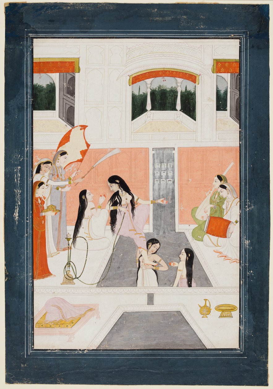 Bir hanımefendi klozetinde bir saray şelalesinin yanında müzik dinliyor, c. 1780. by Unbekannt
