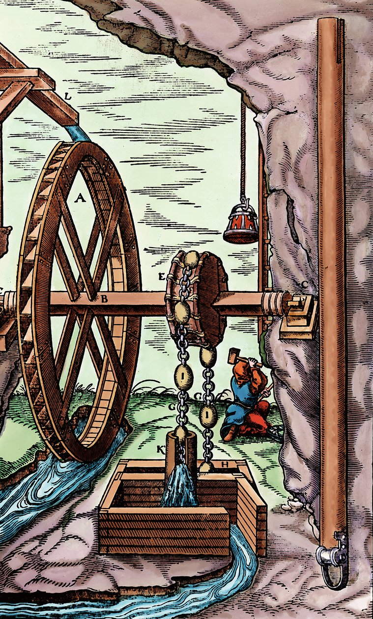 Bir mayın, aşırı yüklenmiş bir su çarkı ile çalışan bir paçavra ve zincir pompası tarafından boşaltılıyor, 1556 by Unbekannt