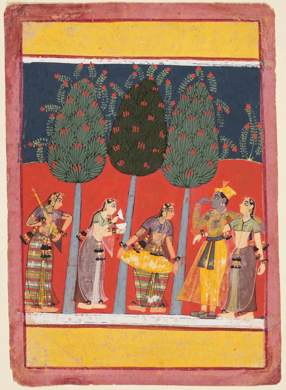 Rasikapriya serisinden bir sayfa: Krishna ve Radha ve müzik aletleriyle Sakhiler, c. 1650 by Unbekannt