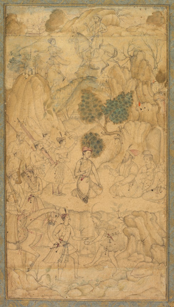 Kayalık bir arazide kutsal bir adamı ziyaret eden bir prens, c. 1590. by Unbekannt