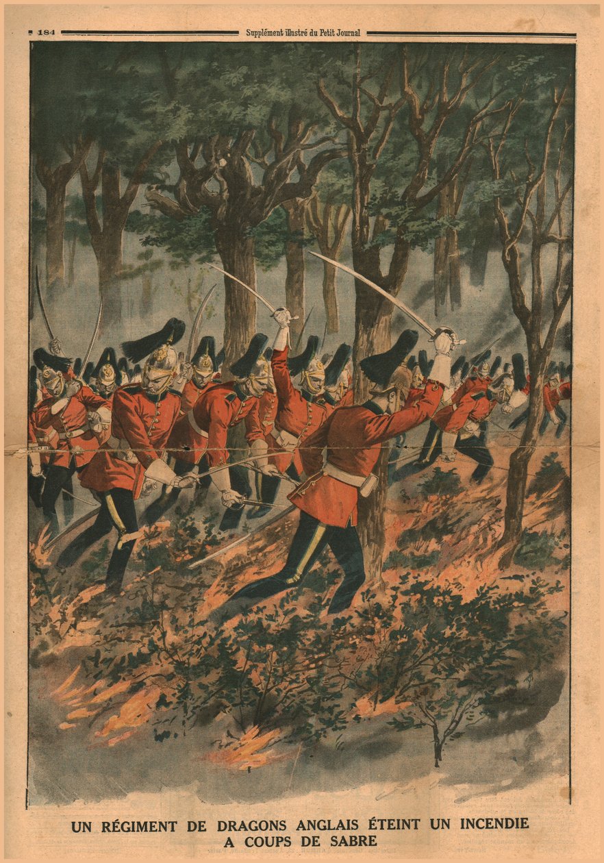 İngiliz ejderhalarından oluşan bir alay kılıç darbeleriyle bir yangını söndürür, 1914. by Unbekannt