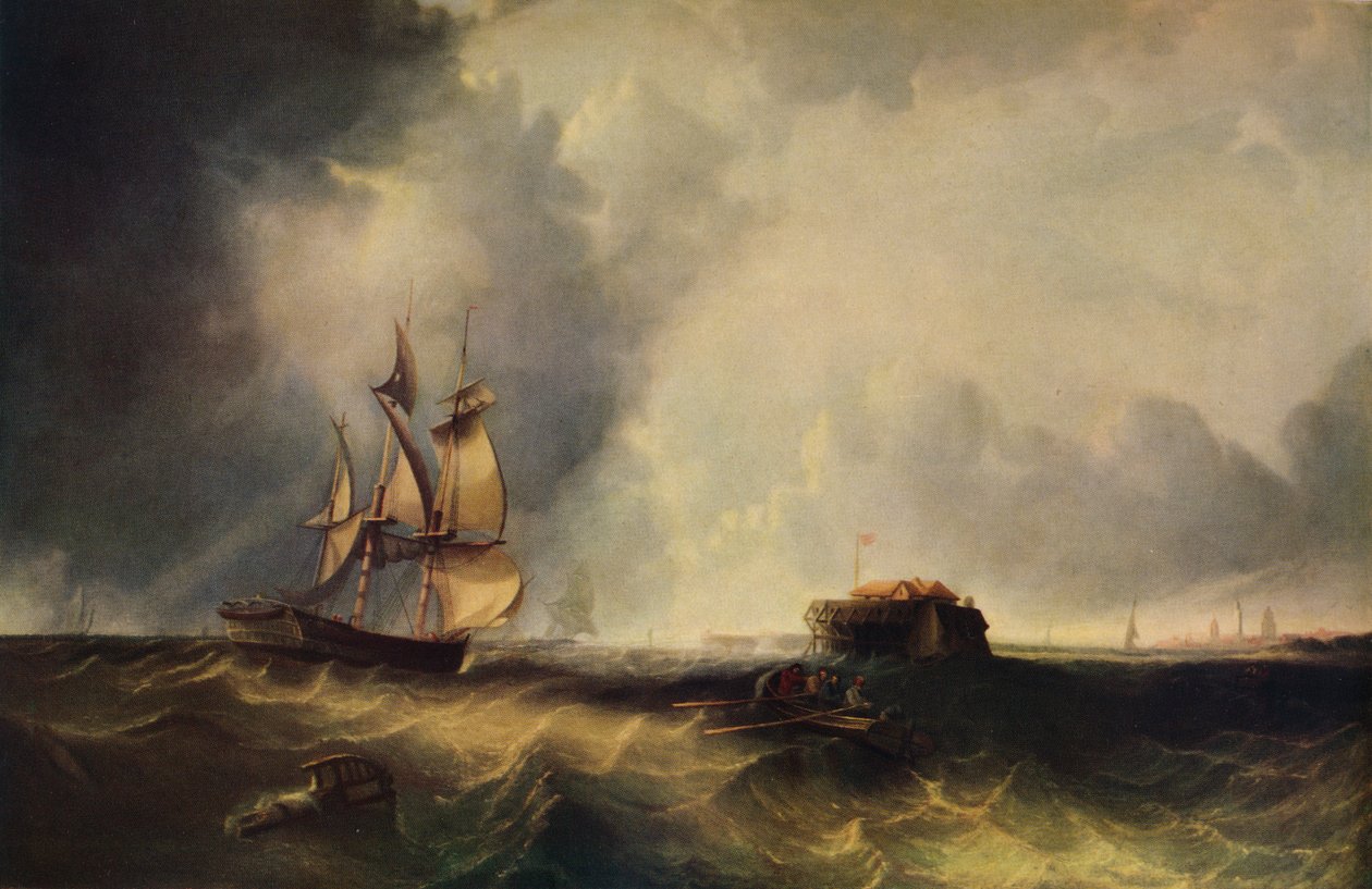 Calais açıklarında bir gemi ve kayıktaki adamlar, c1830, 1938 by Unbekannt