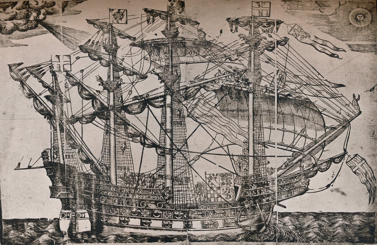 The Ark Royal olduğuna inanılan bir geminin gravürü, c1587 by Unbekannt