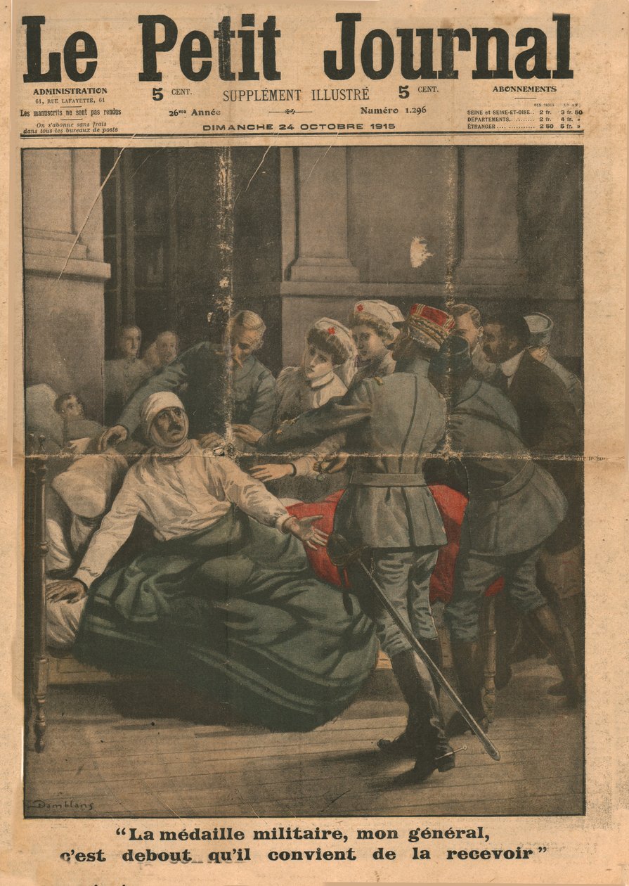 Yaralı bir adam madalyasını almak için ayağa kalkmaya çalışıyor, 1915. by Unbekannt